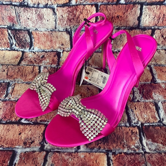Zara Shoes - Zara Embellished Rhinestones Bow High Heel Shoes Sandals Pink